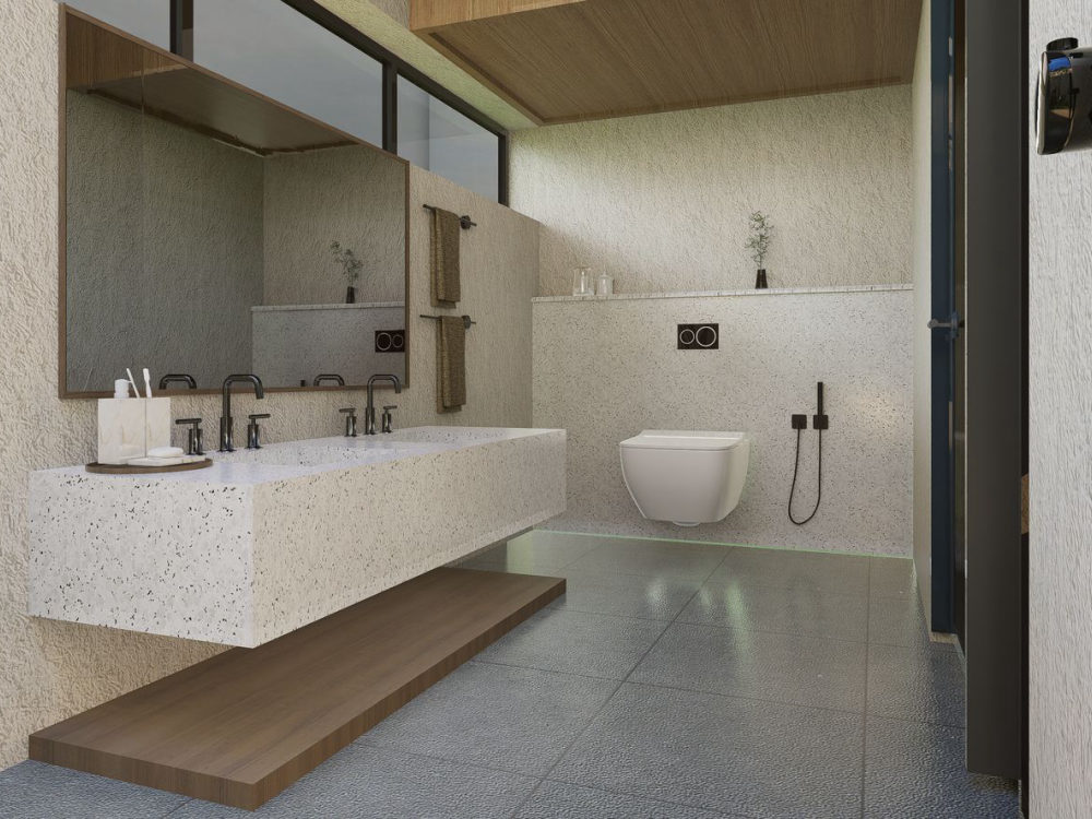 A bathroom rendered in 3D — how we visualize your space before the build